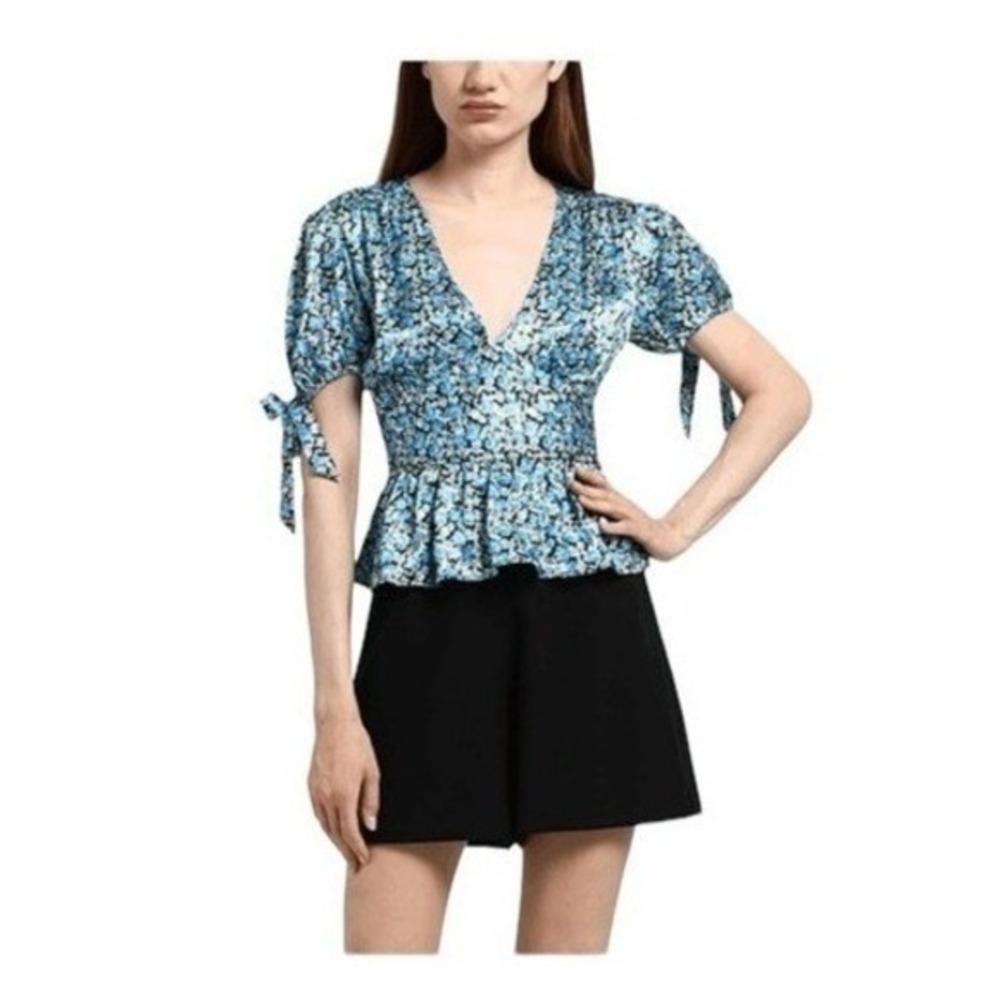 Top Shop Floral Print Corset Top Blue Purple Green V-Neck Peplum‎ Puff Sleeves 4
